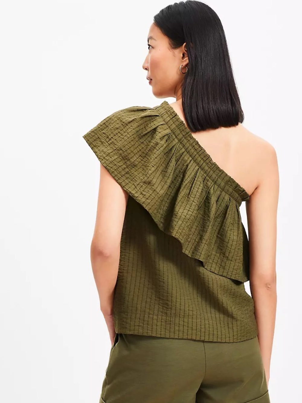 NWT LOFT Olive One-Shoulder Ruffle Top - Picture 3 of 6